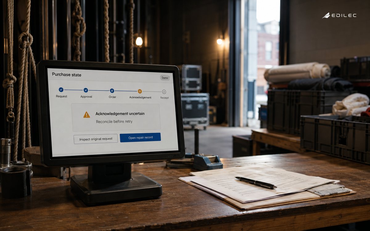A theatre receiving counter shows purchase stages with an uncertain acknowledgement awaiting reconciliation.