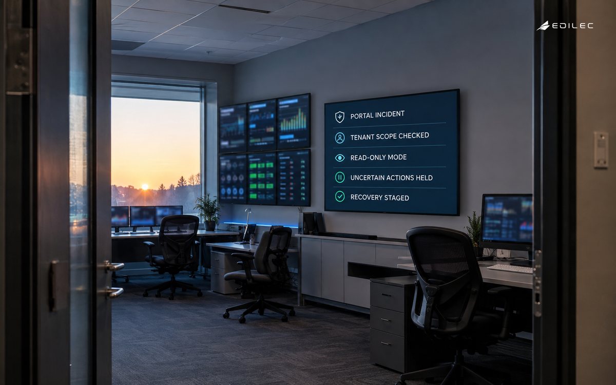 An incident operations room with an active wall display showing tenant scope, degraded mode and staged recovery.