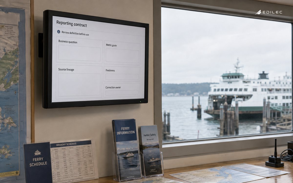 A harbor planning desk pairs reporting with its metric definition and correction owner.