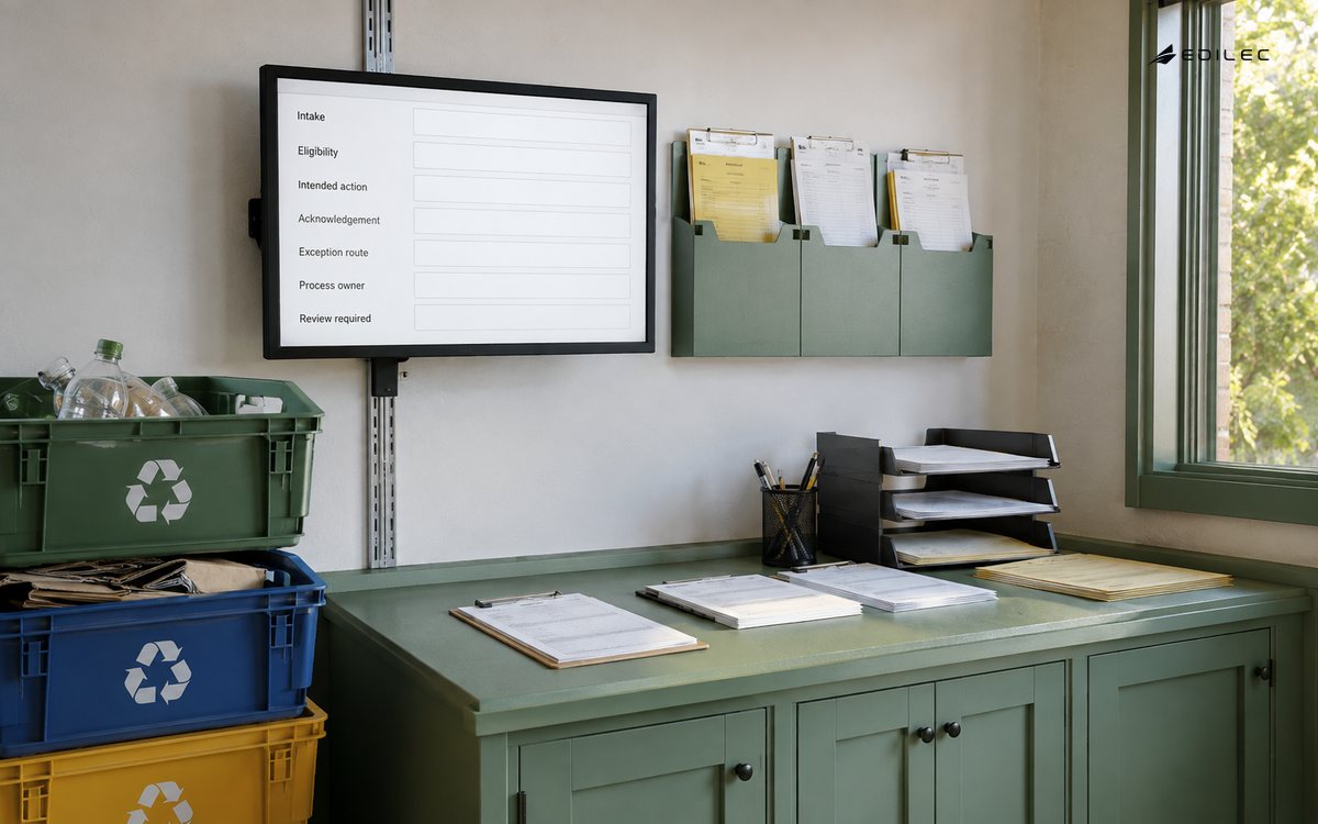 A recycling service intake view keeps automation states and the exception owner visible.