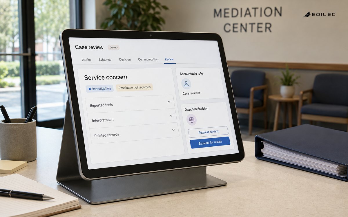 A case-review tablet separates evidence, interpretation, ownership and escalation for an unresolved concern.