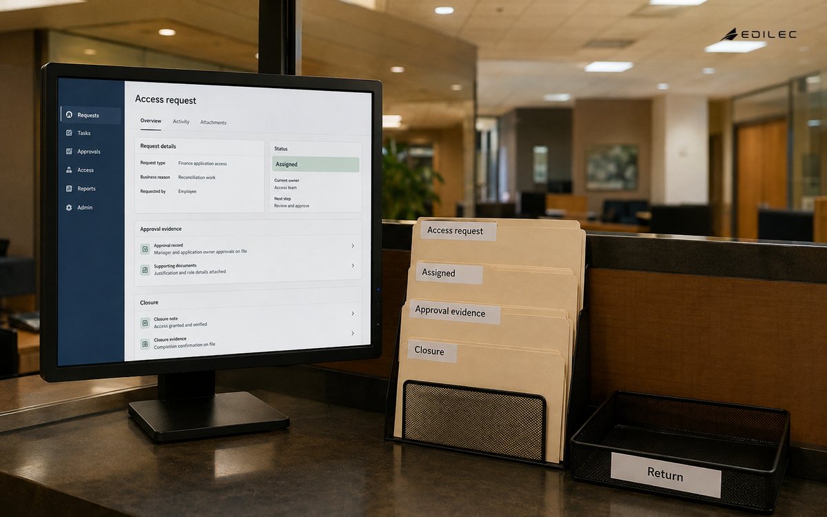 Wide environmental photograph of an employee-service counter, opaque mounted monitor beside access request folders and a return tray, warm ceiling light.