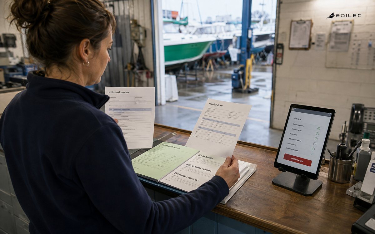 A coordinator compares delivery evidence with contract terms and an invoice draft.