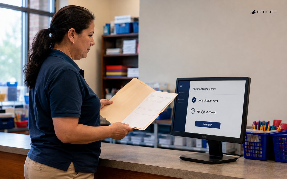 Medium side photo of a standing procurement worker at a school supplies counter comparing an approved purchase-order folder with a modest opaque screen on a real stand.