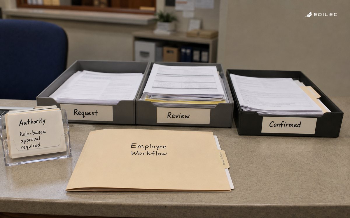 Tactile photograph at a human-resources file counter, an unmarked employee workflow folder beside role cards and trays for review and confirmed state, no personal details or screens.