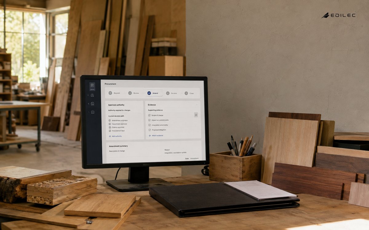 A workshop purchasing view connects procurement states with approval evidence.