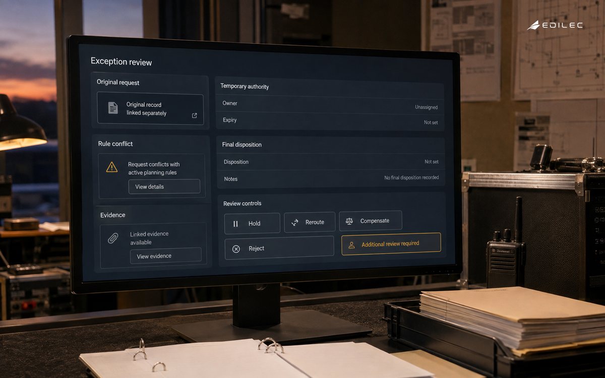 An exception inspector reviews temporary authority, conflicting rules and linked evidence.