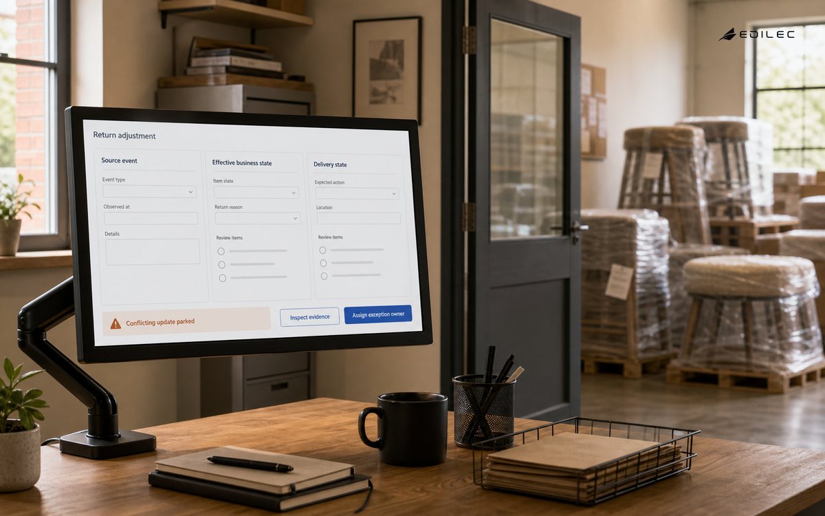 A furniture-return case parks a conflicting update while business state and delivery state remain separate.
