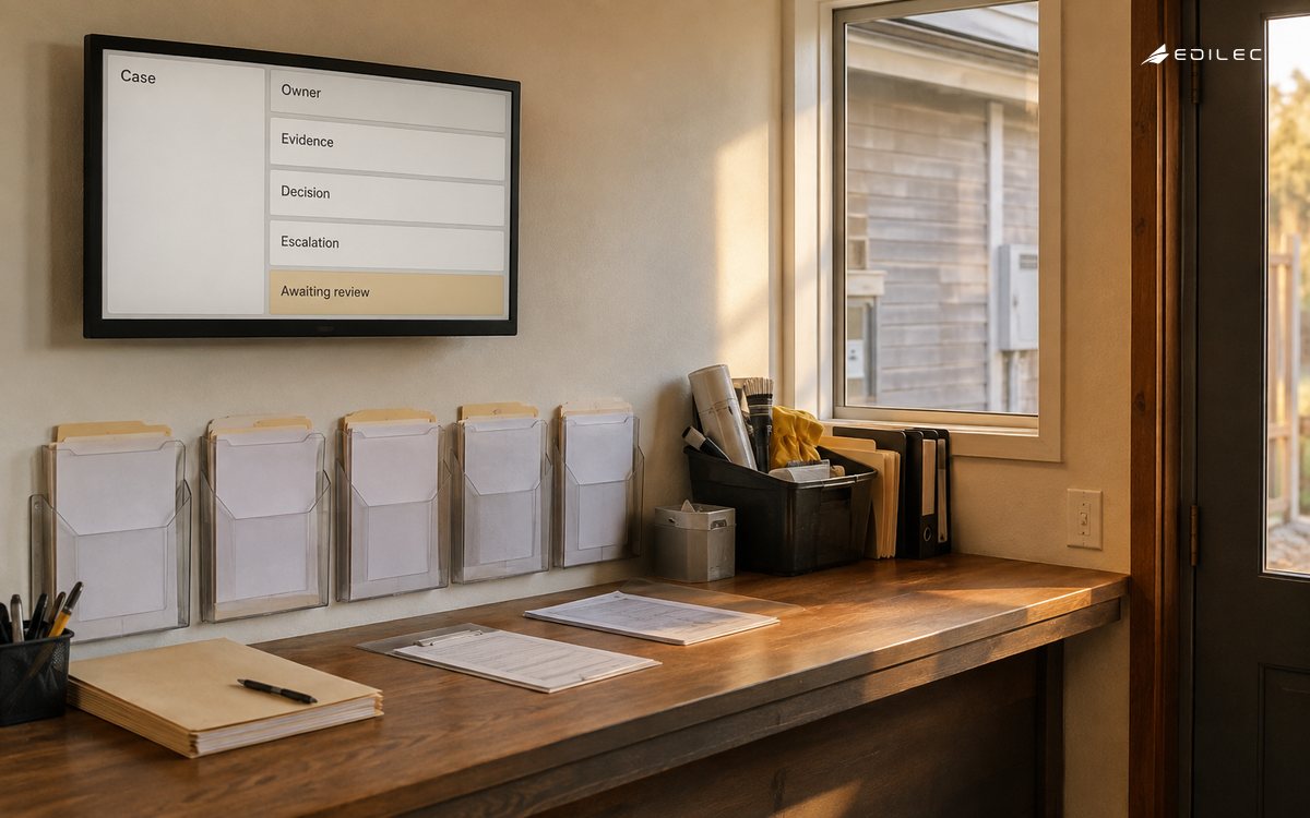 A repair-service case view keeps evidence and escalation beside ownership.