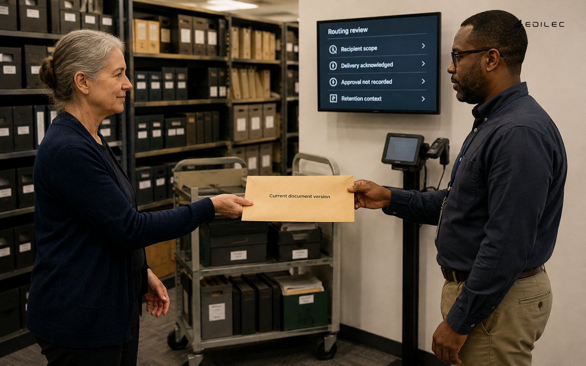 Archive staff pass a versioned document while delivery and approval remain distinct states.