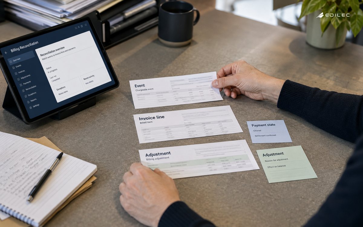 High oblique action photograph of hands aligning a chargeable event slip, invoice line sheet and adjustment card on a finance reconciliation counter; tablet at edge.