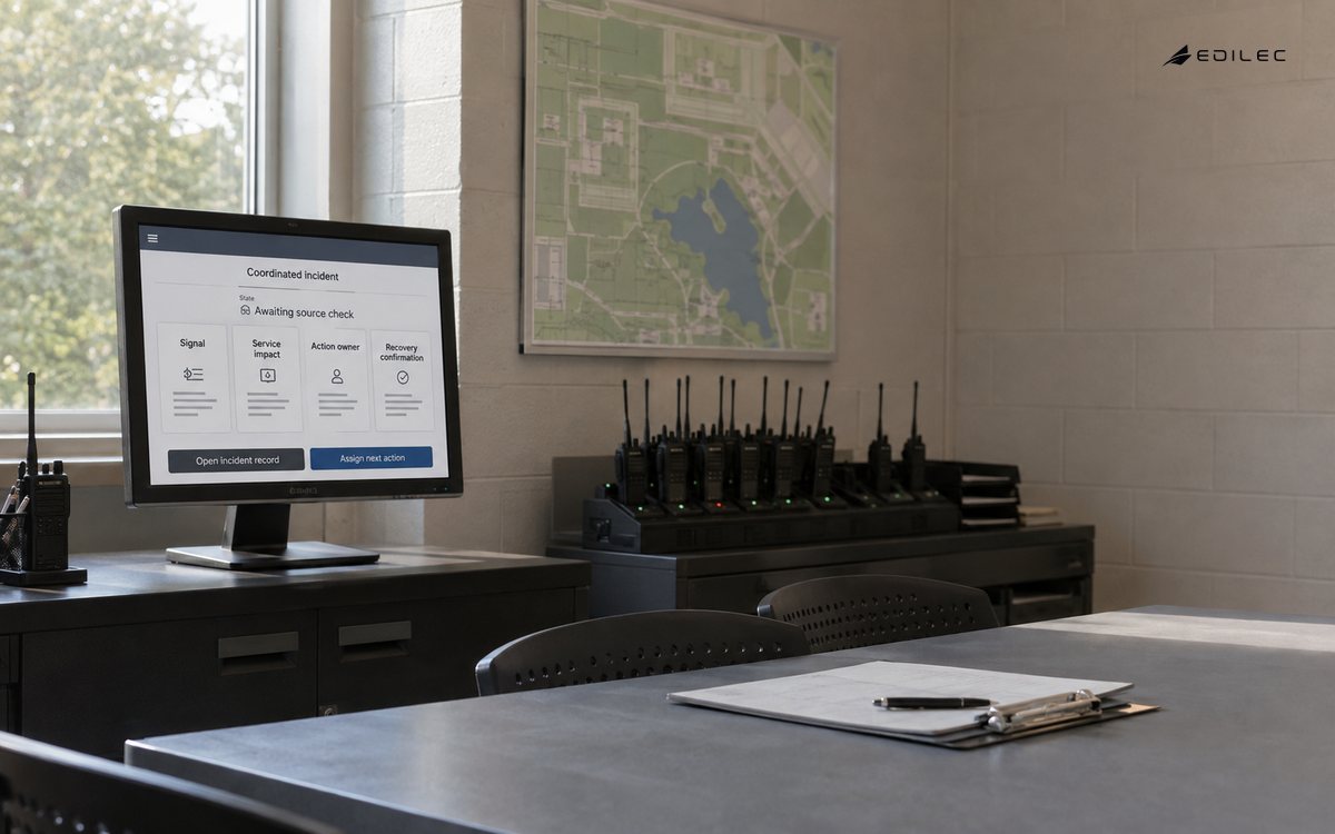 A recreation-center operations room connects a signal to impact, ownership and recovery confirmation.