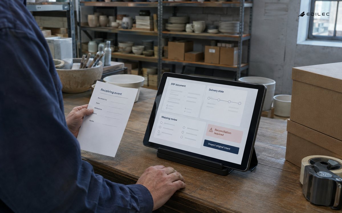 A receiving operator compares an event with its ERP document and delivery state during reconciliation.