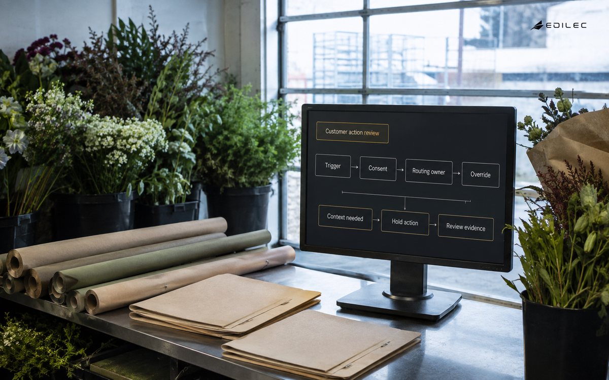 A flower service corner displays a customer-action review held for consent and routing context.