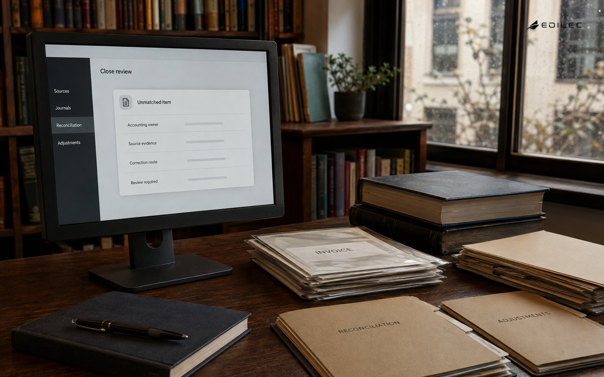 A bookstore accounts room shows an unmatched close item with source evidence and a correction route.