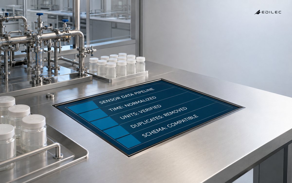 A food-quality lab validates sensor data by normalizing time, verifying units, removing duplicates and checking schema compatibility.