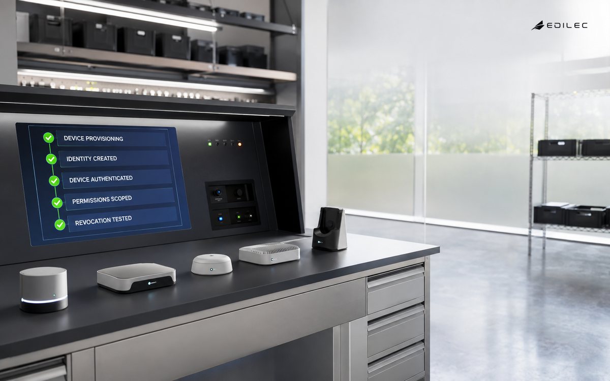 A device-provisioning cell with connected devices and an active panel showing identity, authentication, permissions and revocation checks.