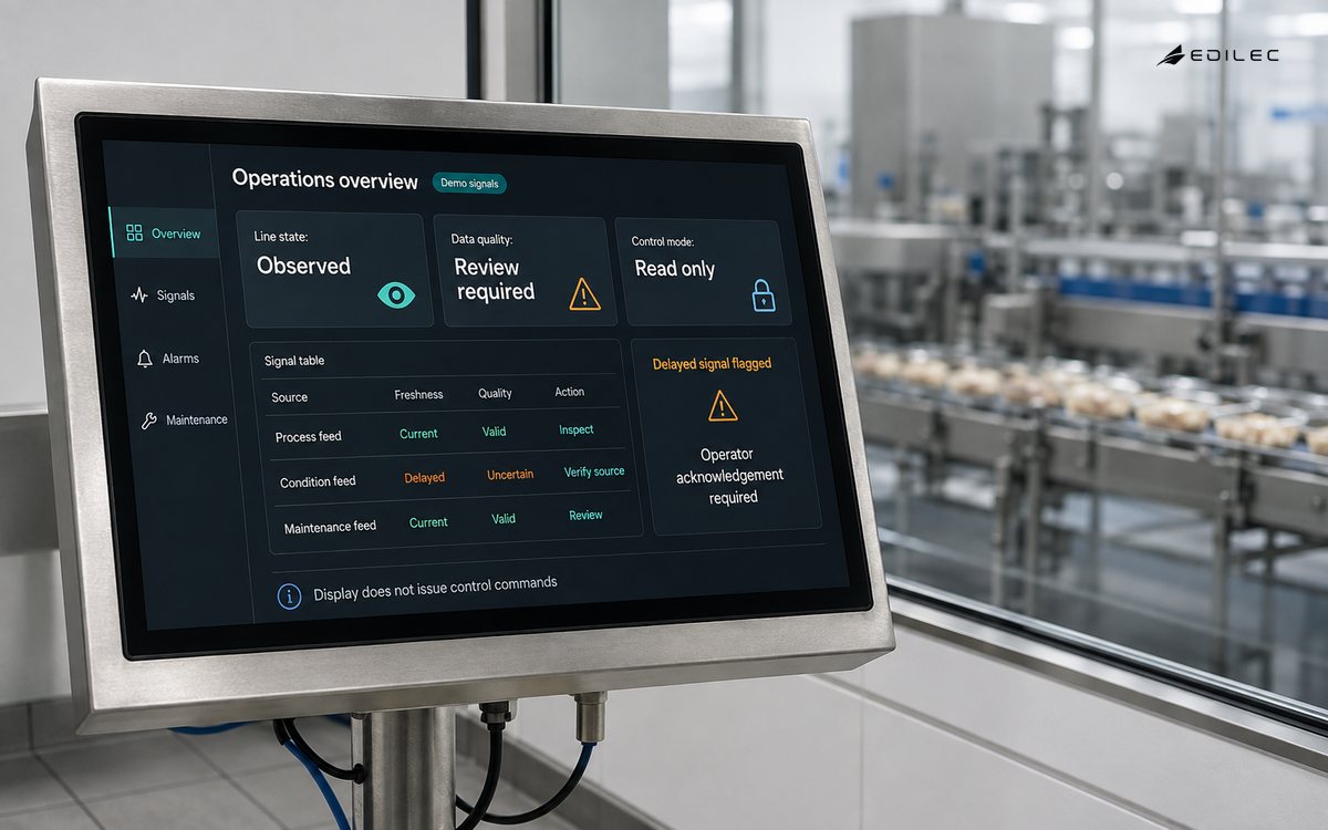 An industrial supervision screen distinguishes current and delayed signals, data quality, and operator acknowledgement.