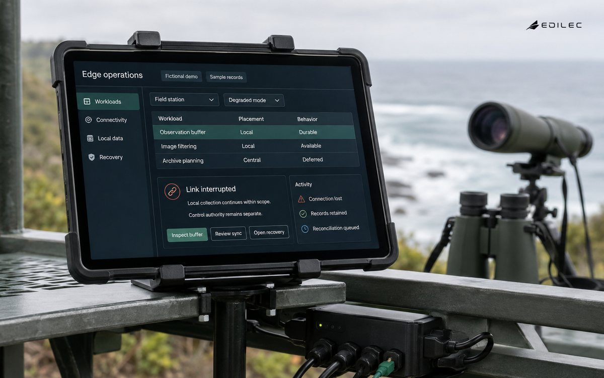 An edge-operations tablet is mounted at a coastal observation station.