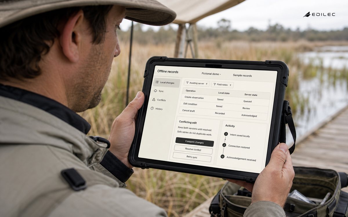 A field surveyor reviews offline synchronization on a rugged tablet by a wetland boardwalk.