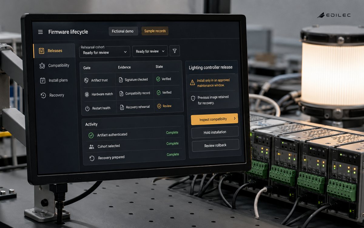 A firmware-lifecycle interface is displayed beside lighting controllers on a maintenance bench.