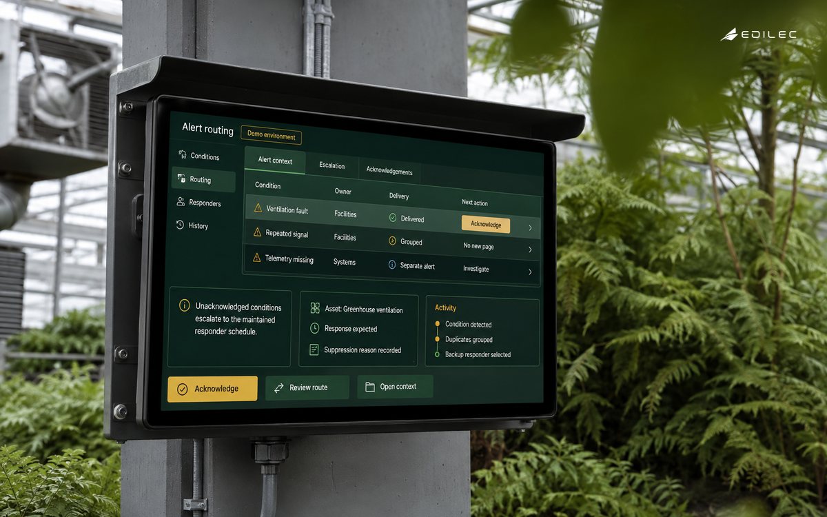 A greenhouse-mounted panel shows alert ownership, duplicate grouping and escalation context.