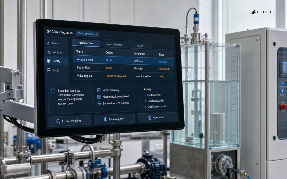 A training-lab HMI shows historian data quality and held command requests beside a water-circulation rig.
