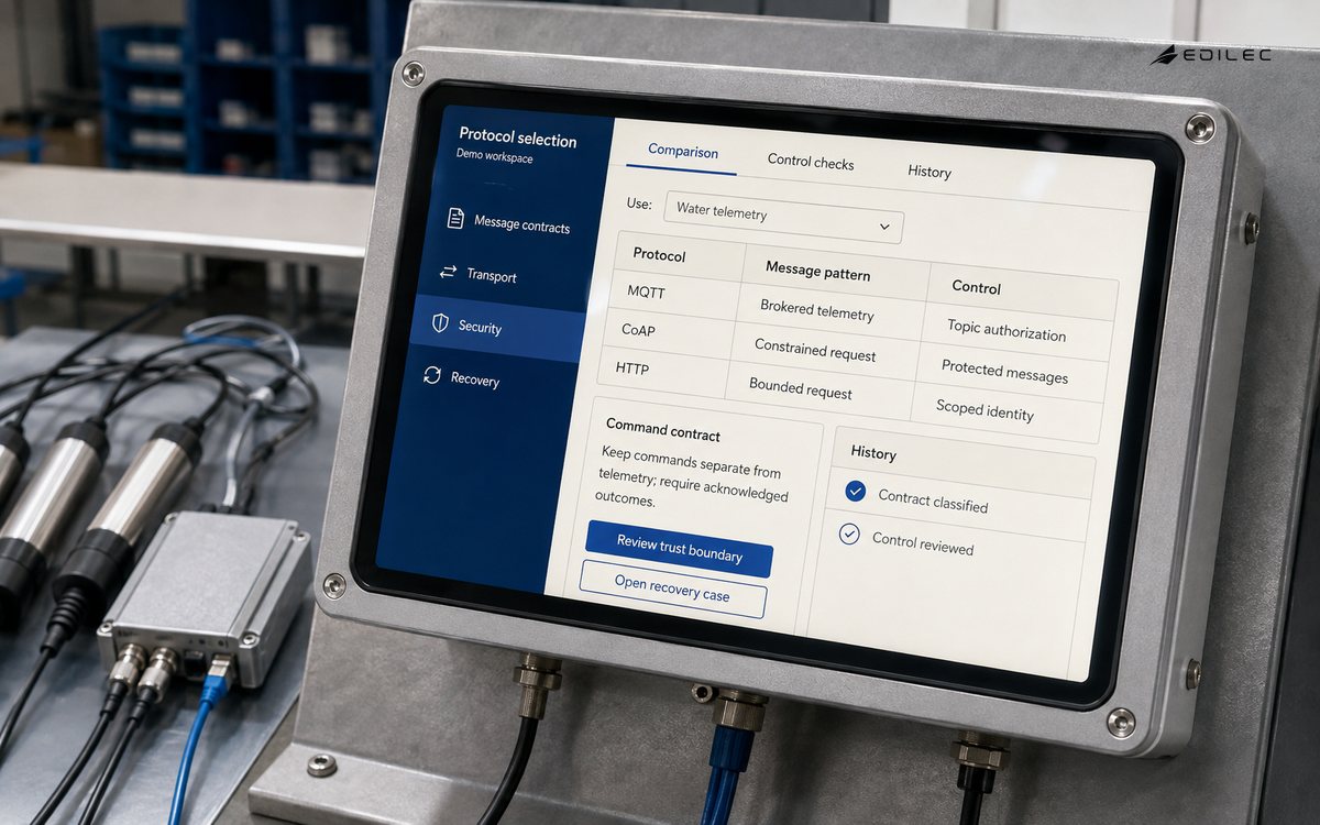 A water-sensor engineering terminal compares message patterns and security controls for protocol selection.