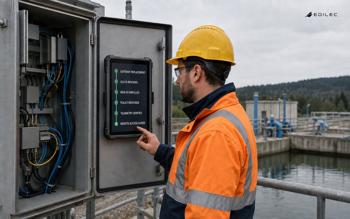A field technician completing a gateway replacement audit after revoking the old identity and verifying telemetry.
