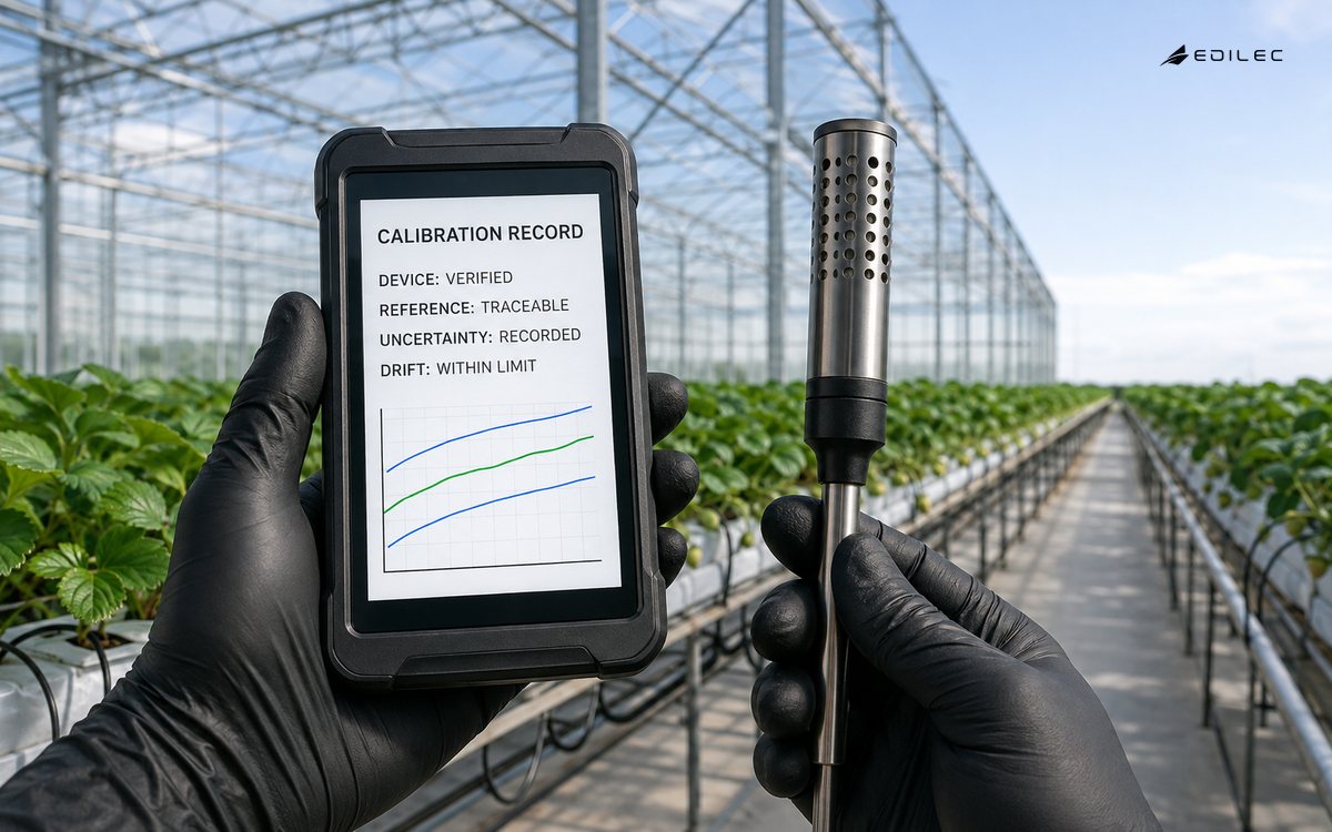 A technician calibrates an environmental sensor against a reference instrument showing traceability, recorded uncertainty and acceptable drift.