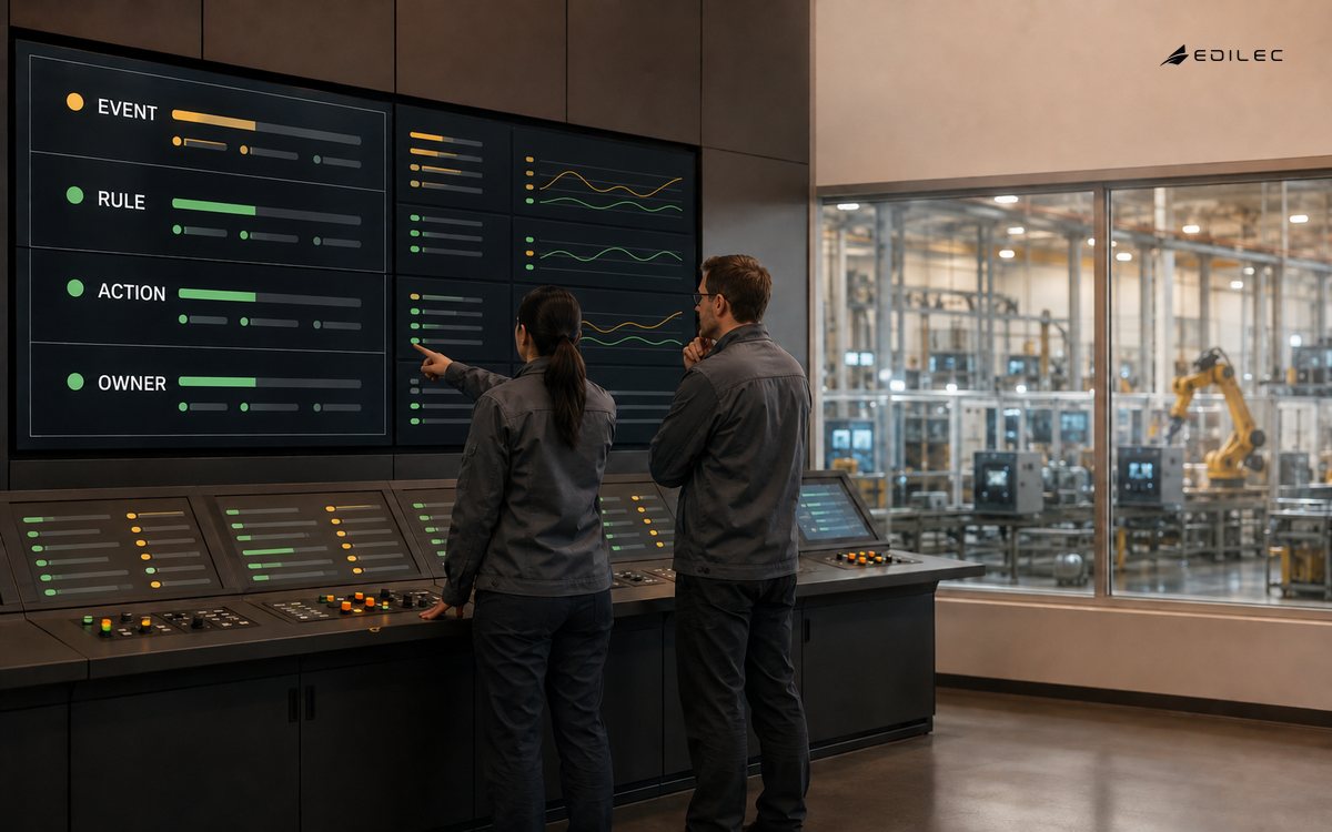 Operators using connected-operations software beside a production floor.