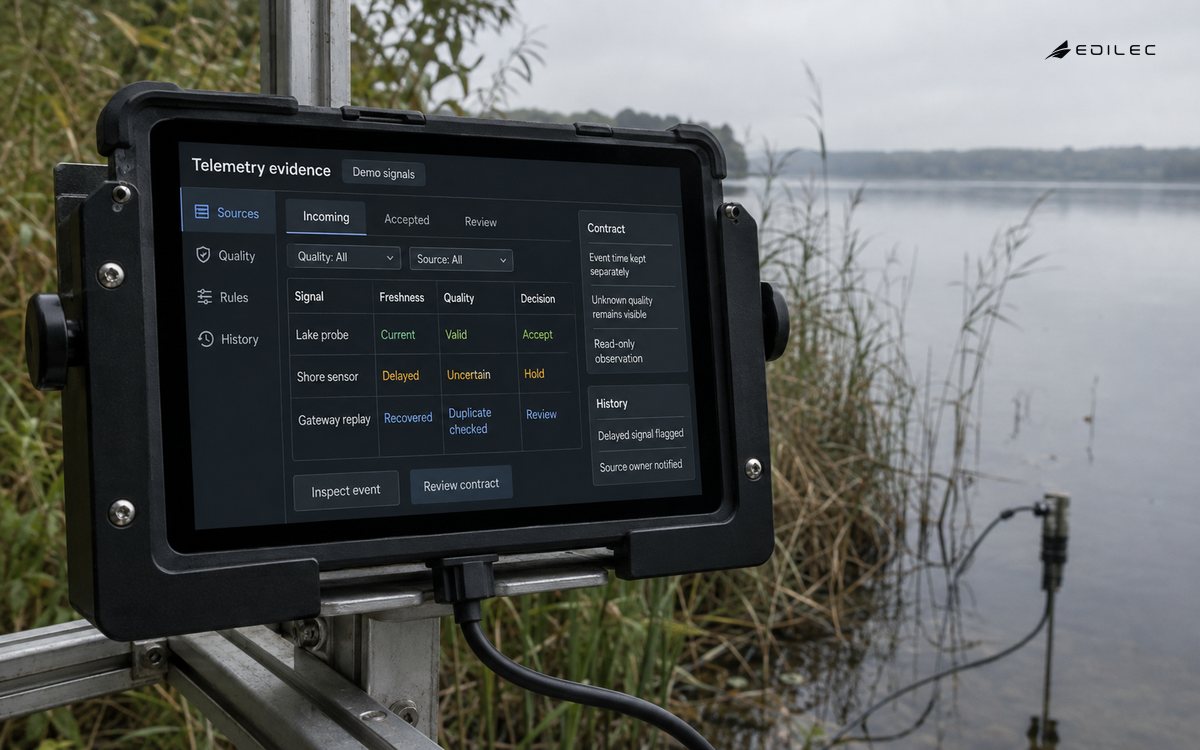 Lakeside water-quality monitoring shelter, real rugged black tablet in a bolted aluminum swivel cradle on a metal instrument rail, a physically plausible sealed sensor cable leading toward the water. The manufactured display shows telemetry evidence in a fictional demonstration.