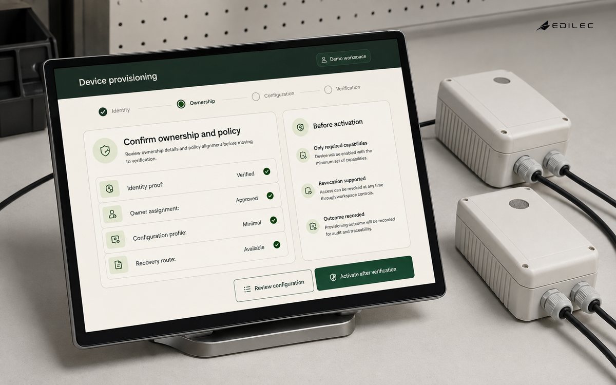 A device setup wizard shows identity proof, ownership, minimal configuration, and recovery before activation.