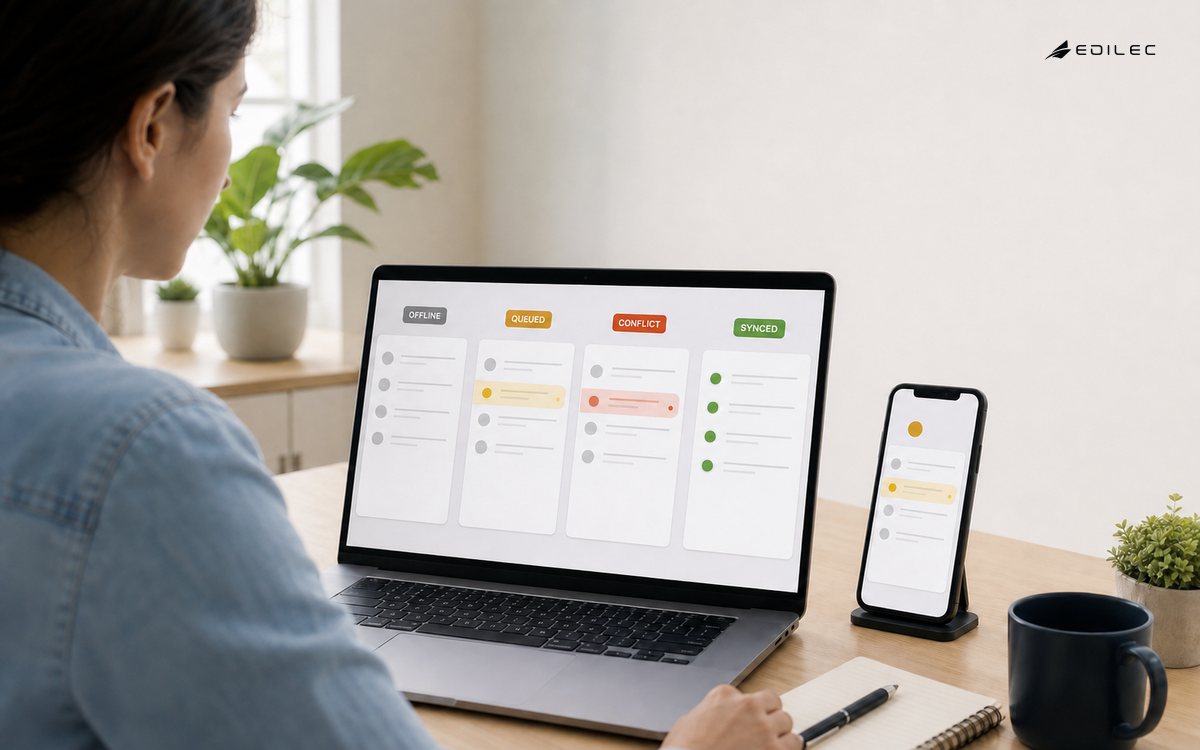 A QA engineer tests Offline, Queued, Conflict and Synced states in an application across laptop and phone.
