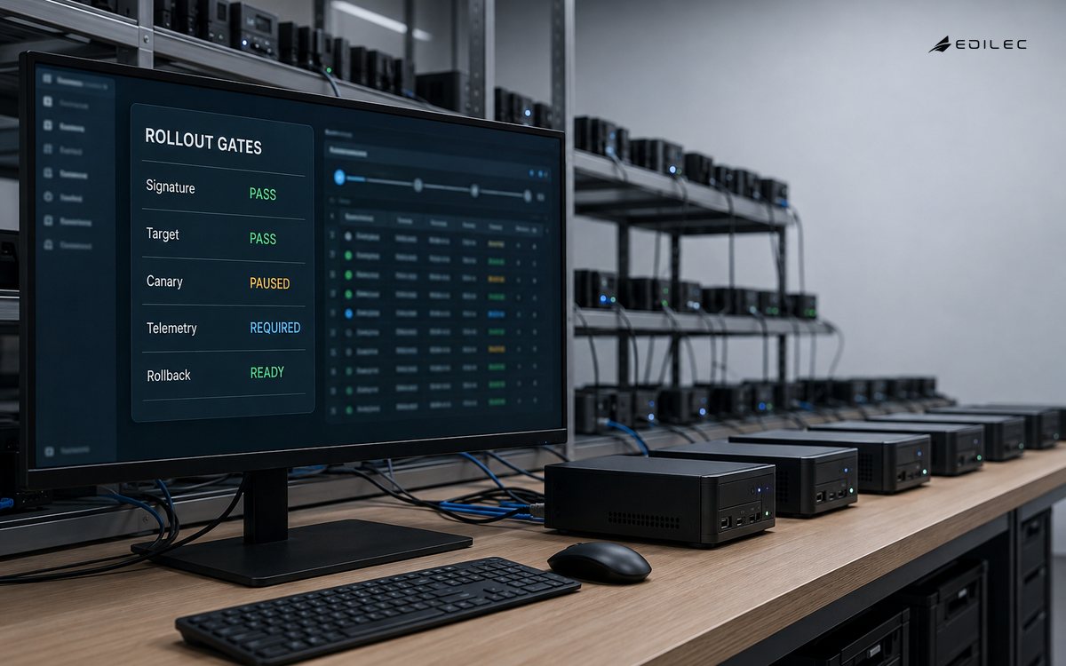 Firmware release console showing signature, canary, telemetry and rollback readiness in a device staging lab.