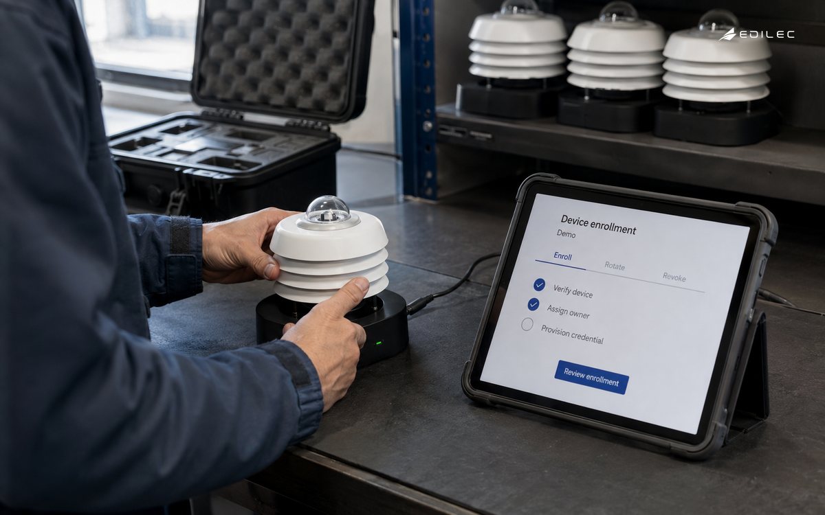 Technician handling an environmental sensor beside a device-enrollment tablet.