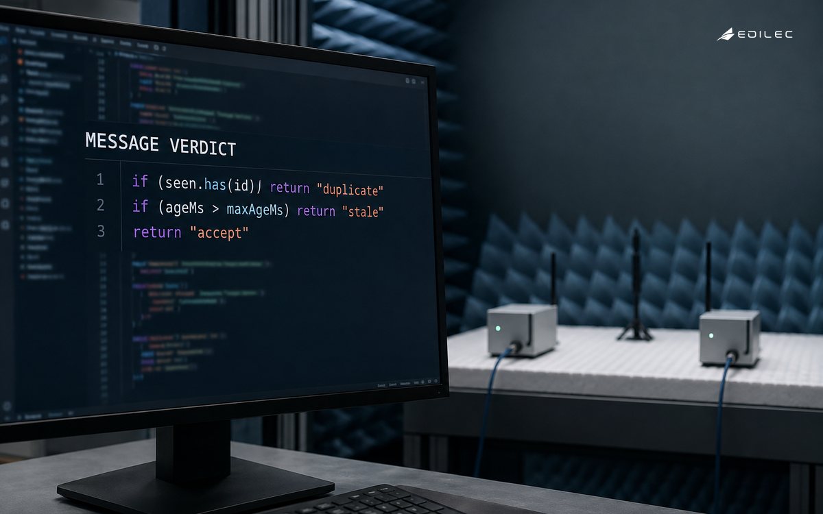 Protocol test lab display showing a fictional message guard for duplicate, stale and accepted messages.