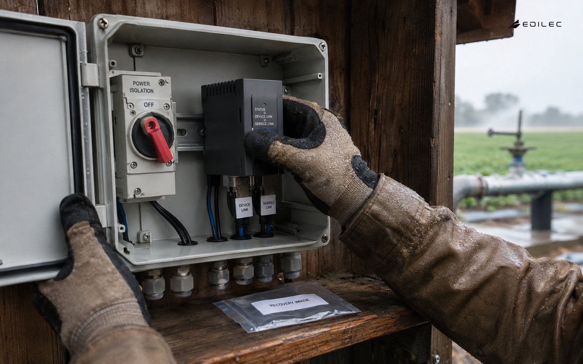 Technician seats a gateway module in an isolated irrigation cabinet beside a recovery-image pouch.