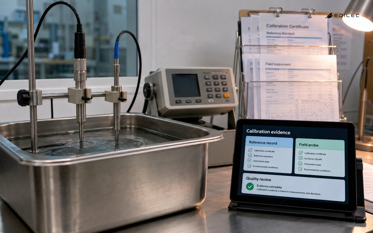 Reference and field temperature probes share a calibration bath beside a quality-evidence display.
