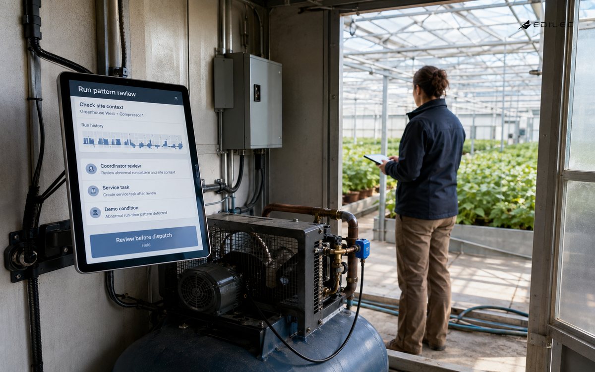 A coordinator reviews compressor context before authorizing a service task.