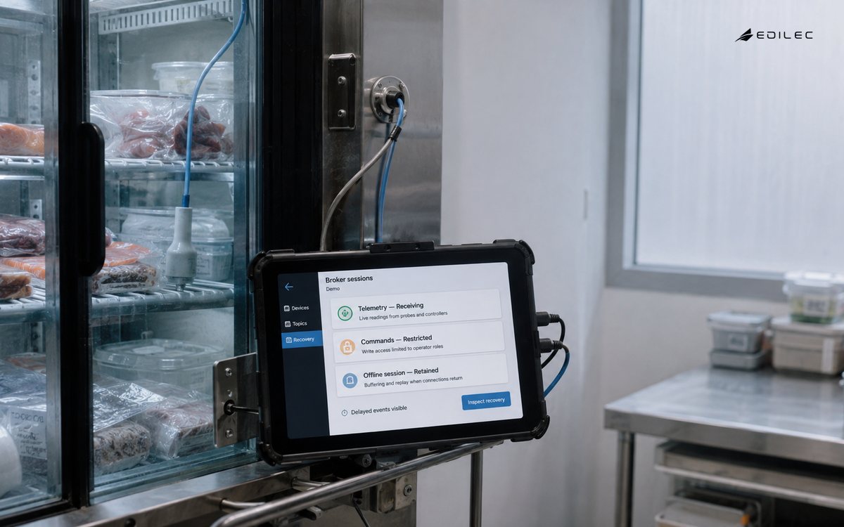 Cold-chain probes and a mounted tablet showing broker session and recovery states.