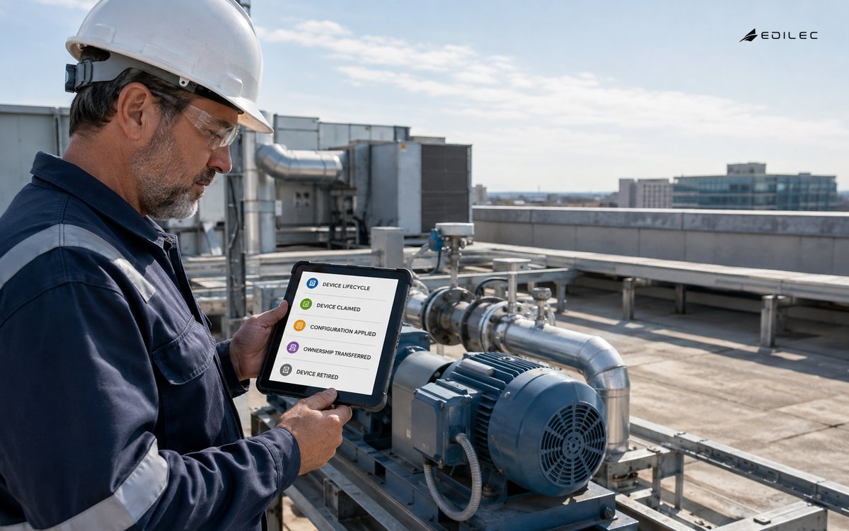 A field technician reviewing a connected-device lifecycle on a handheld beside a utility gateway.