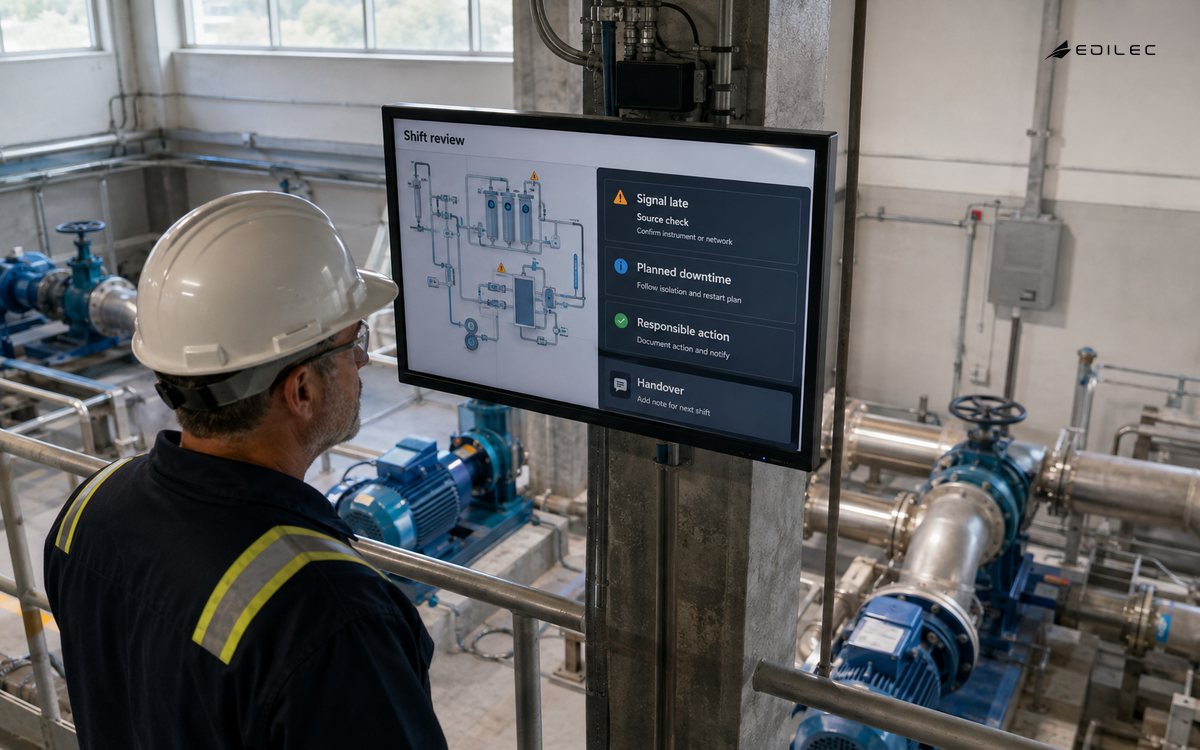 A supervisor reviews signal freshness and accountable action on a mounted display among process pumps.