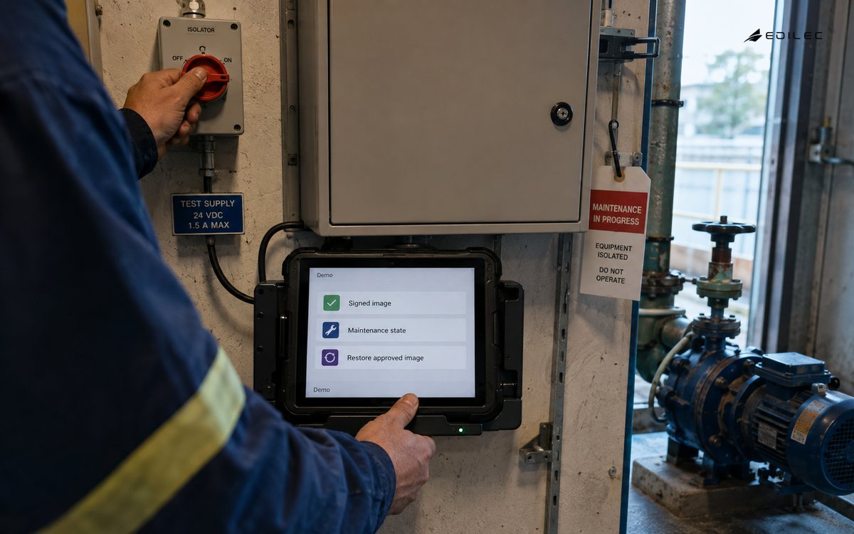 A technician operates an isolator beside a pump controller and a docked update-recovery tablet.