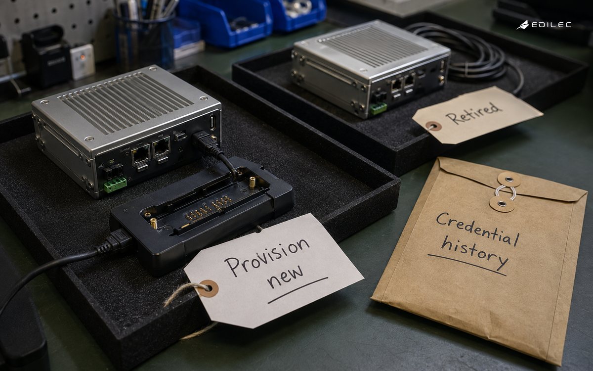 A replacement gateway and provisioning cradle remain separate from retired hardware and credential history.