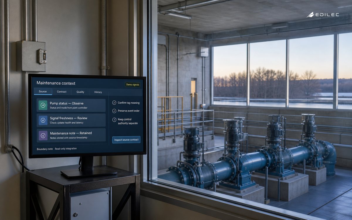A maintenance-information display overlooks a municipal pump gallery through safety glass.