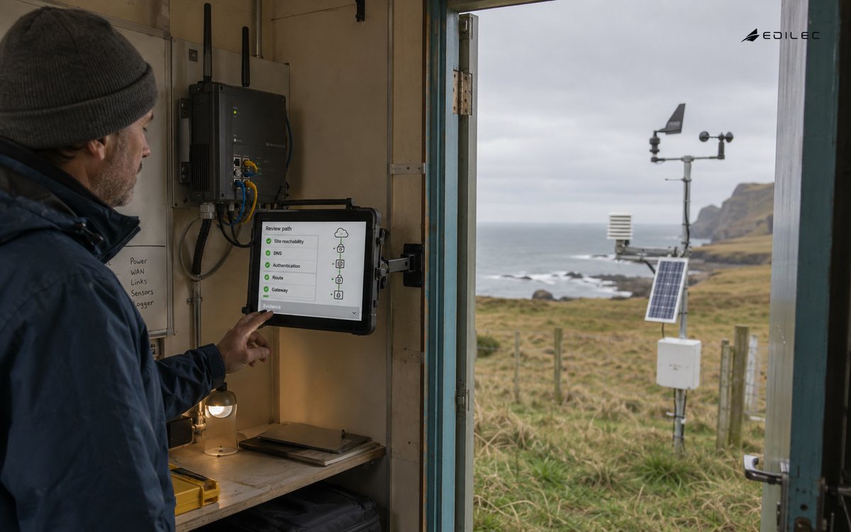 A field technician stands next to an ordinary enclosed network gateway and checks a rugged opaque LCD tablet secured on a manufactured equipment bracket.