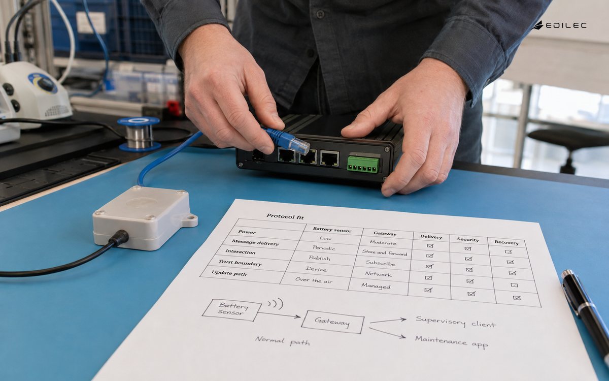 A technician's hands connect a normal insulated Ethernet patch lead to an enclosed test gateway beside a small battery sensor in a plastic housing.