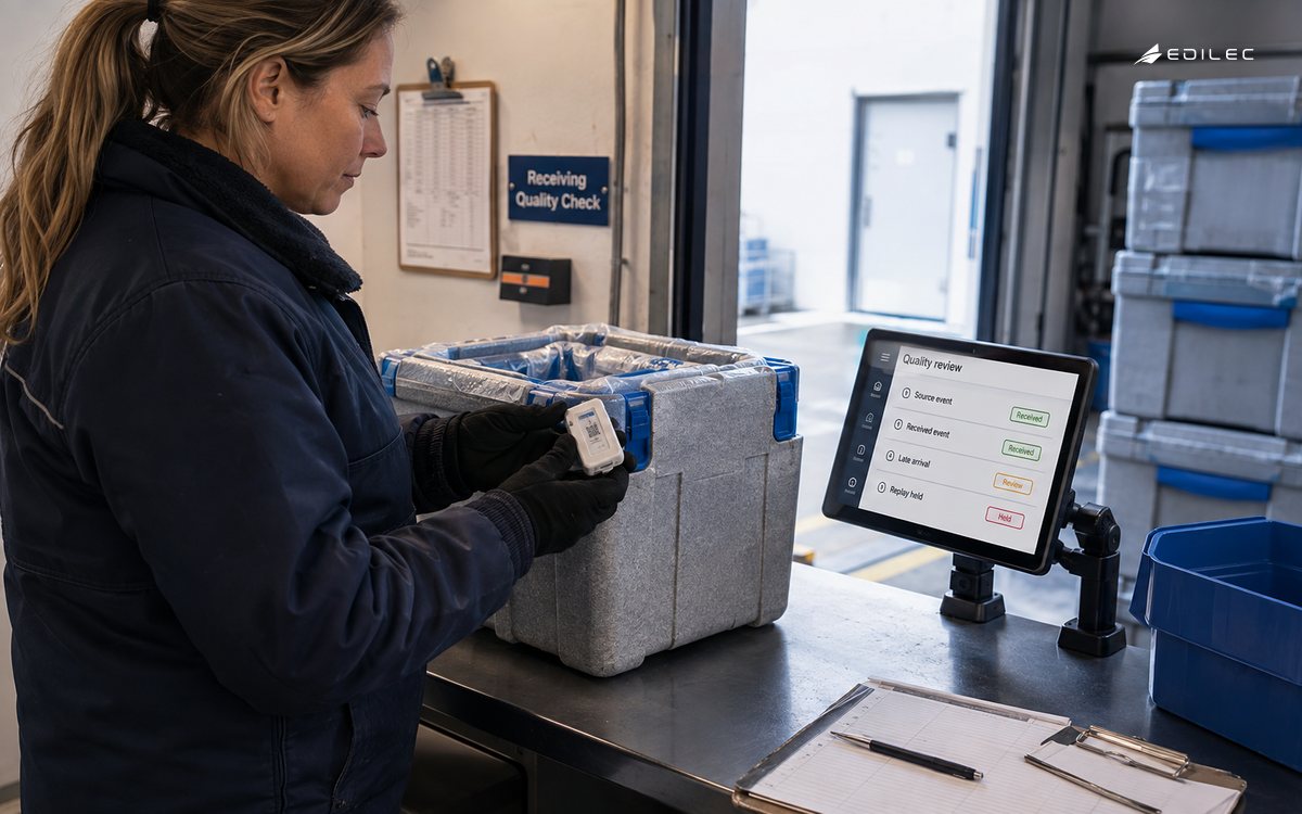 A quality technician standing at a receiving counter checks a reusable insulated tote and its small enclosed logger while comparing a compact opaque LCD tablet secured on a commercial counter mount.