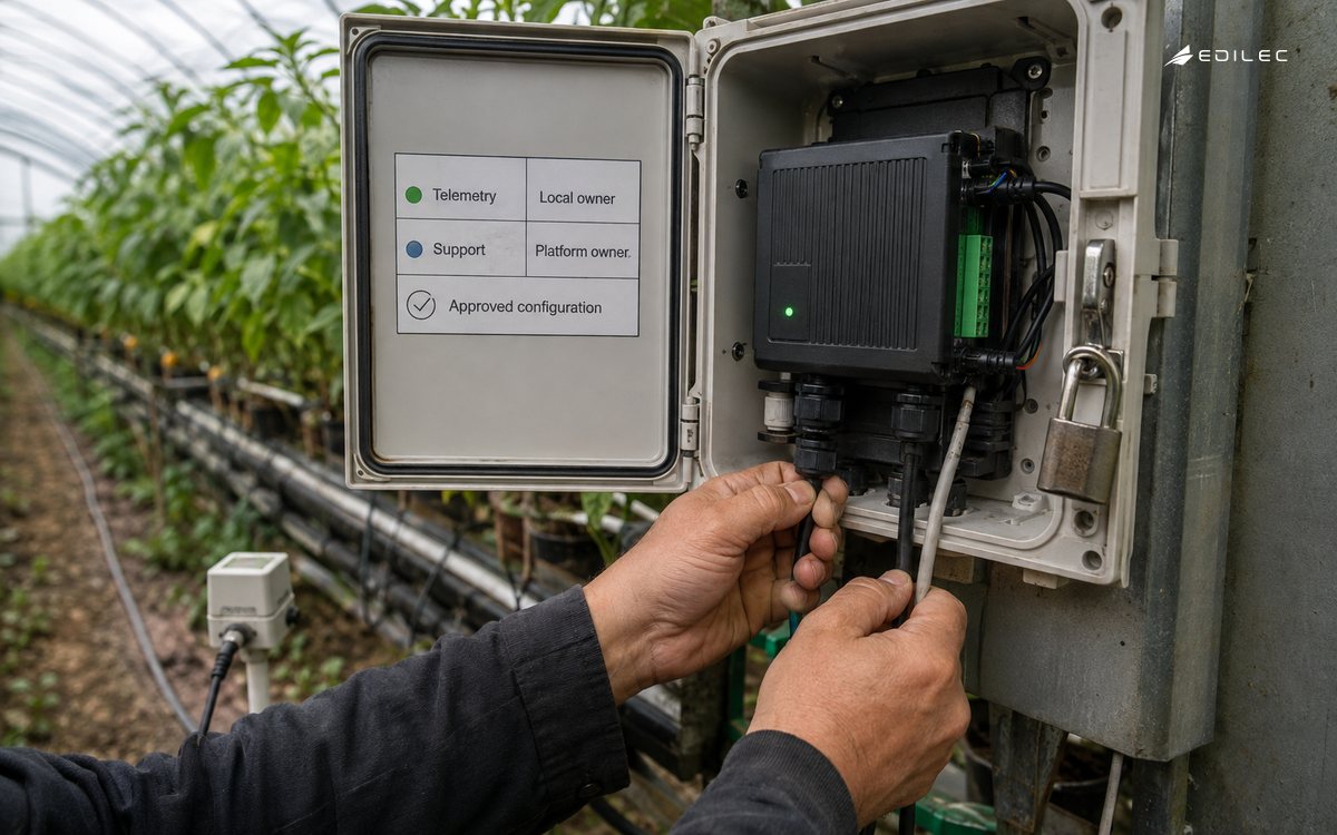 A technician secures a greenhouse telemetry gateway beside its permitted-flow service card.